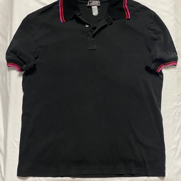 Vintage 90s Gianni Versace Couture Black Polo with Red + Hot Pink Stripe Trim
